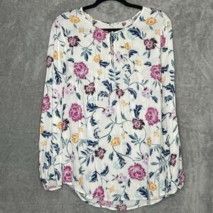 Old Navy Large Top Shirt White Floral Flower Long Sleeve Keyhole Round Neck Knit
